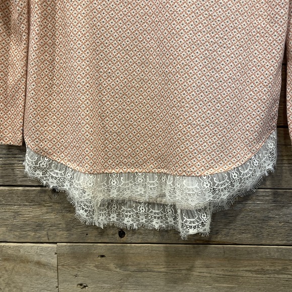 LC Lauren Conrad Long Sleeve Floral Print Top Sz S Orange Lace Trim Bow Tie Neck - Picture 2 of 9